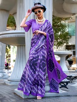 Akhilam - Womens Crepe Purple Printed Designer Saree with Unstitched Blouse