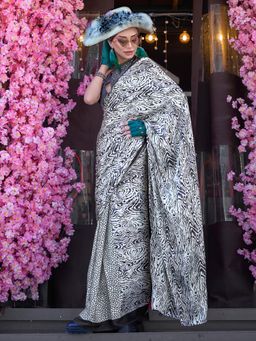 Akhilam - Womens Crepe Grey Printed Designer Saree with Unstitched Blouse