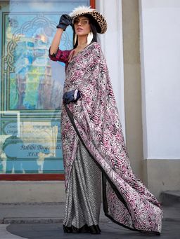 Akhilam - Womens Crepe Pink Printed Designer Saree with Unstitched Blouse