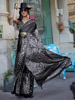 Akhilam - Womens Crepe Black Printed Designer Saree with Unstitched Blouse