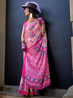 Akhilam - Womens Crepe Pink Printed Designer Saree with Unstitched Blouse