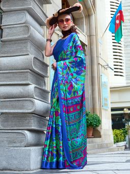 Akhilam - Womens Crepe Blue Printed Designer Saree with Unstitched Blouse