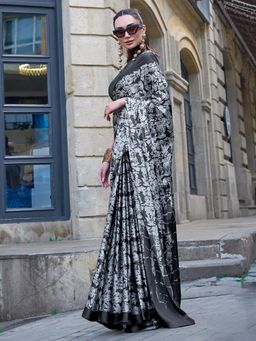 Akhilam - Womens Crepe Black Printed Designer Saree with Unstitched Blouse