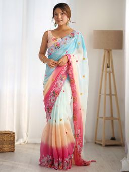 Akhilam - Womens Multi-Color Ombre Sequined Saree with Unstitched Blouse