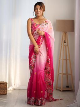 Akhilam - Womens Pink Ombre Sequined Saree with Unstitched Blouse