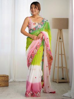 Akhilam - Womens Green Ombre Sequined Saree with Unstitched Blouse