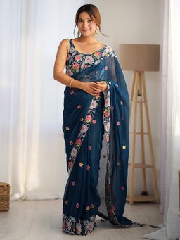 Akhilam - Womens Navy Blue Floral Sequined Saree with Unstitched Blouse