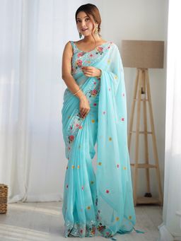 Akhilam - Womens Light Blue Floral Sequined Saree with Unstitched Blouse