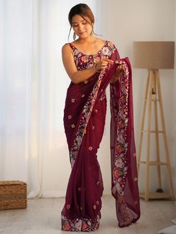 Akhilam - Womens Wine Floral Sequined Saree with Unstitched Blouse