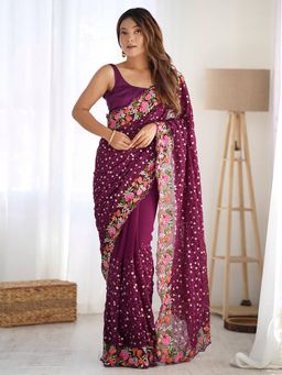 Akhilam - Womens Georgette Wine Sequined Designer Saree with Unstitched Blouse