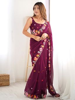Akhilam - Womens Georgette Wine Floral Embroidered Saree with Unstitched Blouse