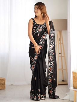 Akhilam - Womens Chiffon Black Floral Embroidered Saree with Unstitched Blouse
