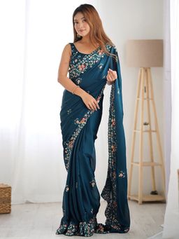 Akhilam - Womens Chiffon Teal Floral Embroidered Saree with Unstitched Blouse
