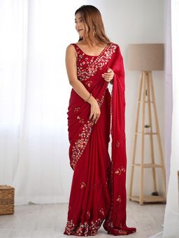 Akhilam - Womens Chiffon Red Floral Embroidered Saree with Unstitched Blouse