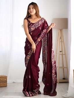 Akhilam - Womens Chiffon Wine Floral Embroidered Saree with Unstitched Blouse