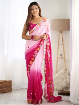 Akhilam - Womens Pink Ombre Embroidered Saree with Unstitched Blouse