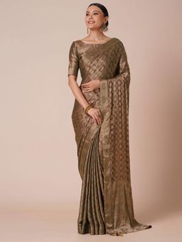 Akhilam - Womens Silk Beige Woven Embellished Saree with Unstitched Blouse