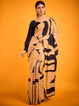 Akhilam - Womens Satin Beige Printed Designer Saree with Unstitched Blouse