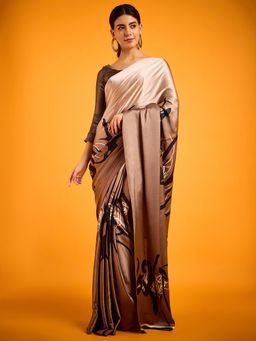 Akhilam - Womens Satin Coffee Brown Printed Saree with Unstitched Blouse