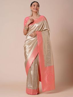 Akhilam - Womens Kanjeevaram Cream and Peach Zari Woven Saree with Unstitched Blouse