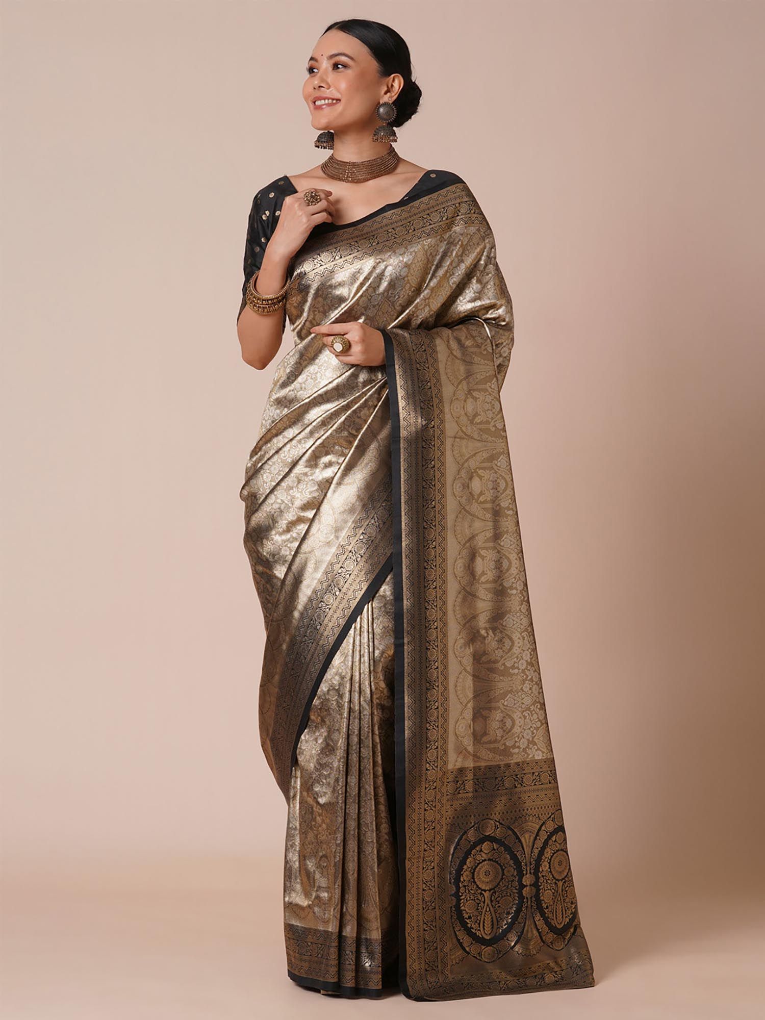 Womens Kanjeevaram Olive and Black Zari Woven Saree with Unstitched Blouse-image-23
