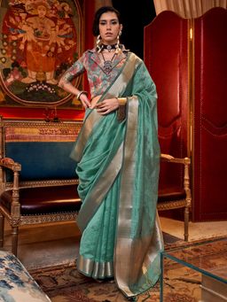 Akhilam - Womens Chiffon Turquoise Zari Woven Design Saree with Unstitched Blouse