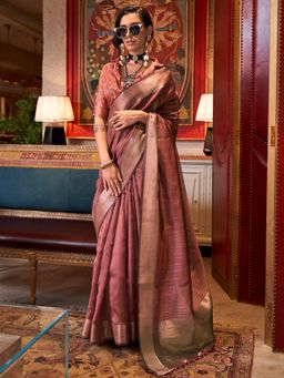 Akhilam - Womens Chiffon Brown Zari Woven Design Saree with Unstitched Blouse