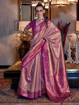 Akhilam - Womens Tissue Mauve Woven Design Tassels Saree with Unstitched Blouse