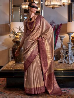 Akhilam - Womens Tissue Beige Woven Design Tassels Saree with Unstitched Blouse