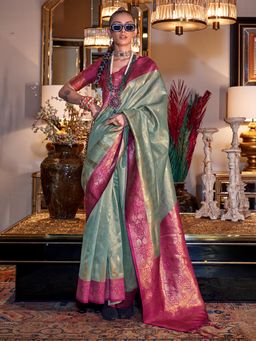 Akhilam - Womens Tissue Green Woven Design Tassels Saree with Unstitched Blouse
