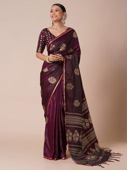 Akhilam - Womens Satin Burgundy Woven Designer Saree with Unstitched Blouse
