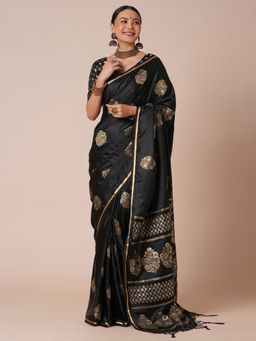 Akhilam - Womens Satin Black Woven Designer Saree with Unstitched Blouse