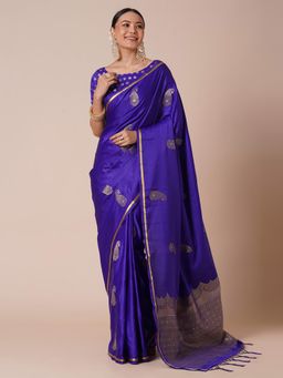 Akhilam - Womens Satin Navy Blue Woven Design Saree with Unstitched Blouse
