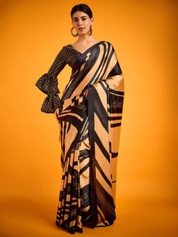 Akhilam - Womens Satin Brown Printed Designer Saree with Unstitched Blouse
