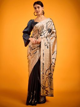 Akhilam - Womens Satin Black Floral Printed Designer Saree with Unstitched Blouse