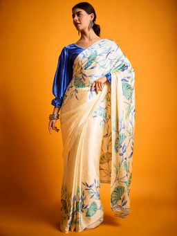Akhilam - Womens Satin Cream Floral Printed Designer Saree with Unstitched Blouse