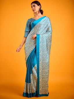 Akhilam - Womens Satin Blue Animal Printed Designer Saree with Unstitched Blouse