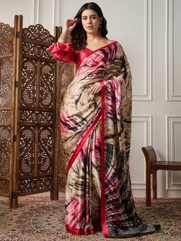 Akhilam - Womens Satin Beige Printed Designer Saree with Unstitched Blouse