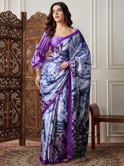 Akhilam - Womens Satin Purple Printed Designer Saree with Unstitched Blouse