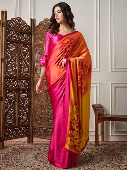 Akhilam - Womens Satin Pink Floral Printed Designer Saree with Unstitched Blouse