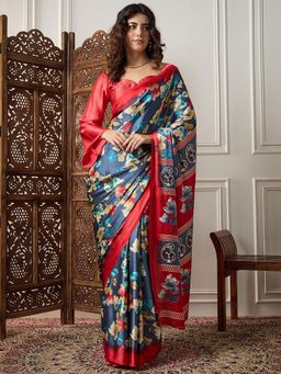 Akhilam - Womens Satin Grey Floral Printed Designer Saree with Unstitched Blouse