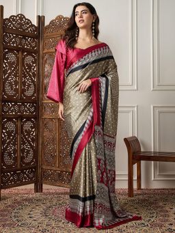 Akhilam - Womens Satin Olive Floral Printed Designer Saree with Unstitched Blouse