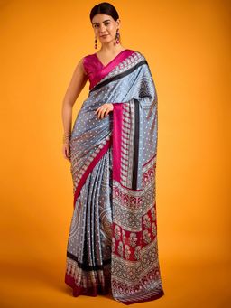 Akhilam - Womens Satin Grey Floral Printed Designer Saree with Unstitched Blouse