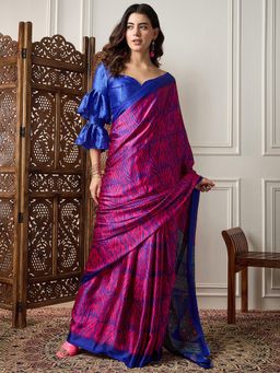 Akhilam - Womens Satin Pink Printed Designer Saree with Unstitched Blouse