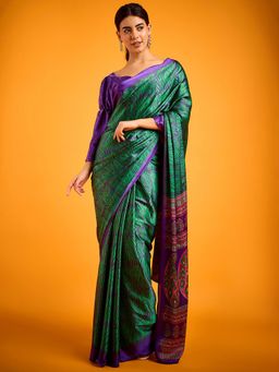 Akhilam - Womens Satin Green Printed Designer Saree with Unstitched Blouse