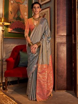 Akhilam - Womens Tussar Silk Grey Woven Tassels Design Saree with Unstitched Blouse
