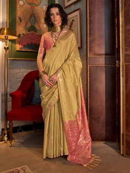 Akhilam - Womens Tussar Silk Olive Woven Tassels Design Saree with Unstitched Blouse