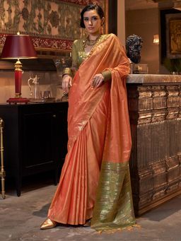 Akhilam - Womens Tussar Silk Orange Woven Tassels Design Saree with Unstitched Blouse