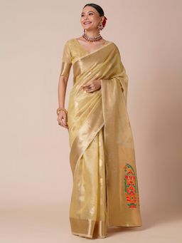 Akhilam - Womens Tissue Gold Woven Designer Saree with Unstitched Blouse
