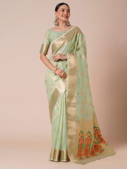 Akhilam - Womens Tissue Light Green Woven Designer Saree with Unstitched Blouse